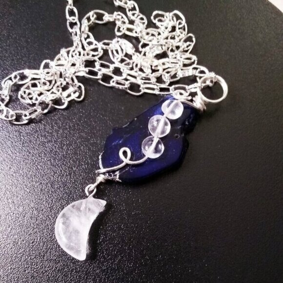 Dark Blue Sea Sediment Jasper & Quartz Drops + Quartz Moon Goddess Necklace - Picture 1 of 7